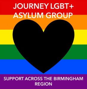 Journey LGBT+ Asylum Group logo - a black heart on a rainbow background
