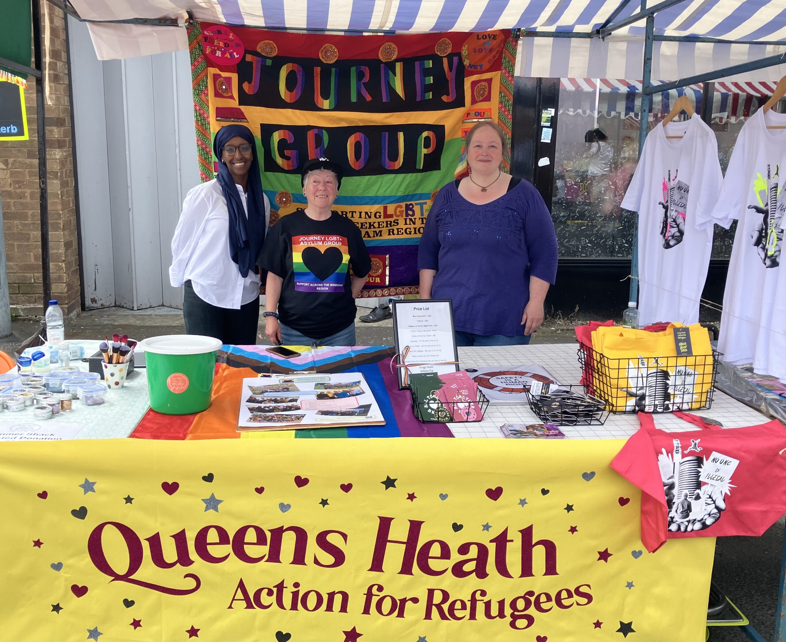 Shukri, Sheila and Alex on the KHAR stall at Queens Heath Pride 2024